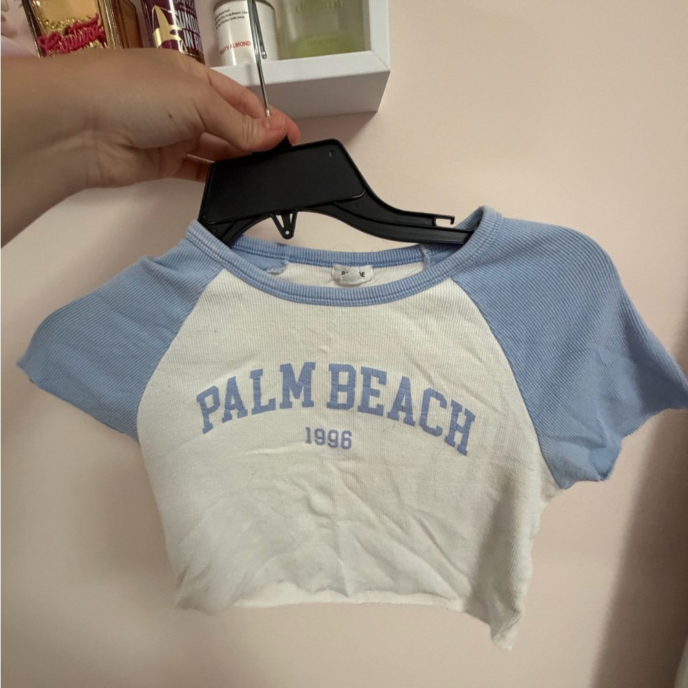 Palm Beach 1996 Cropped Raglan Tee - White & Light Blue